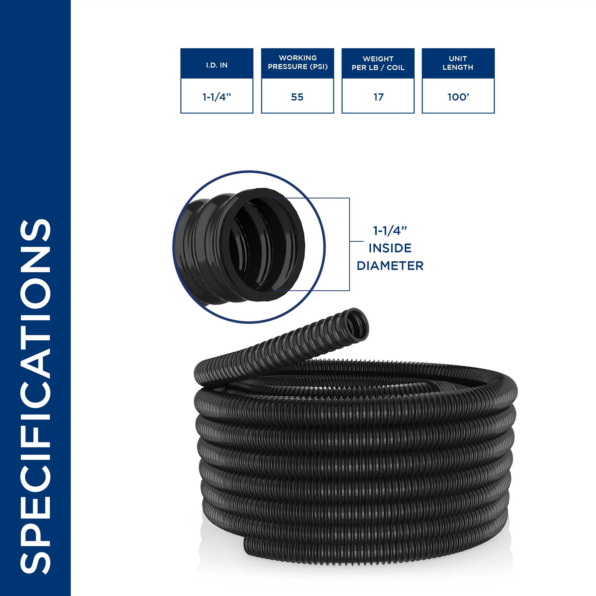1-1/4 in. I.D. x 100 ft. Multi-Use Pond Black Kink Free, Corrugated, Flexible PVC Tubing