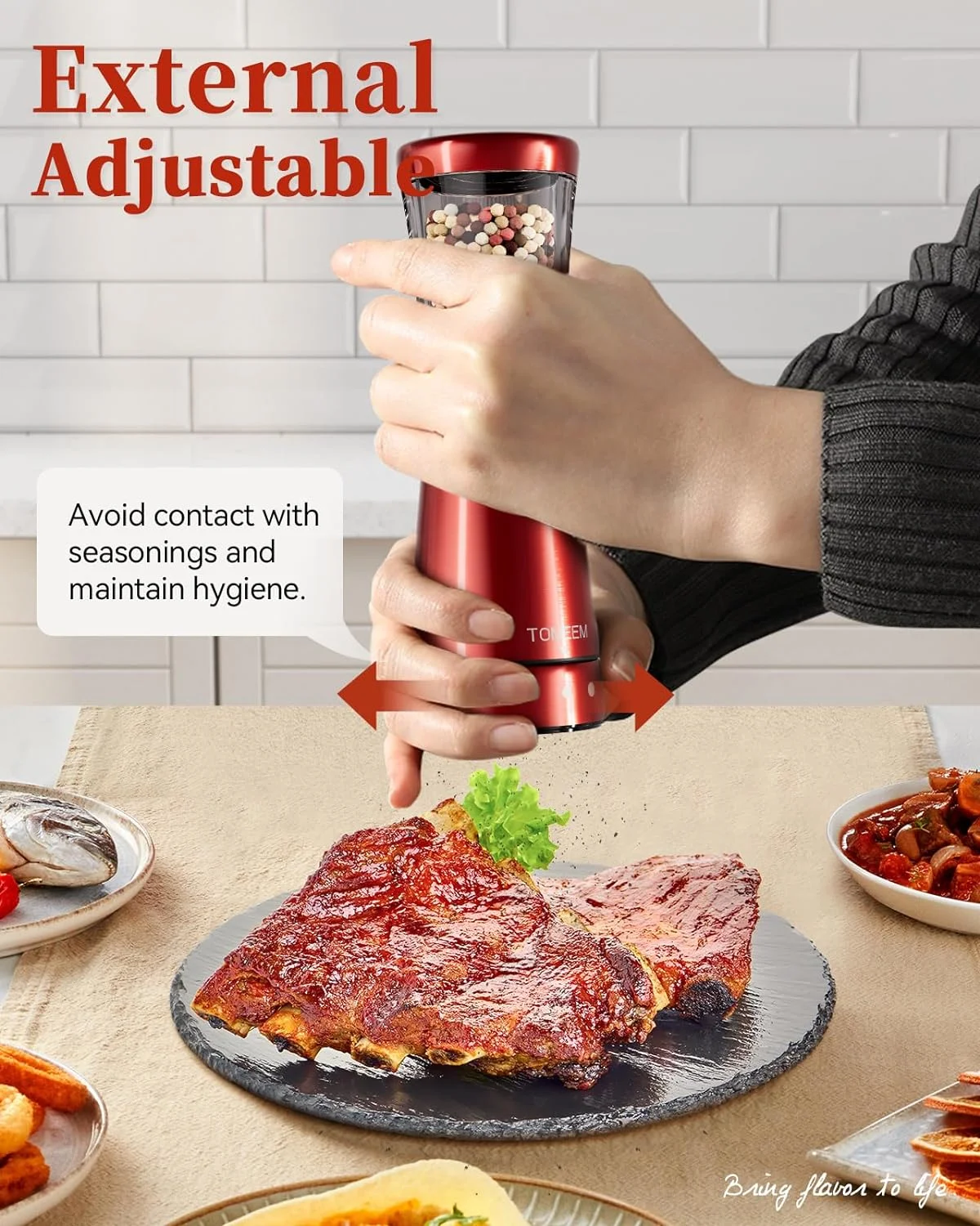 Tomeem Electric Salt and Pepper Grinder Set Rechargeable Stainless Steel Salt and Pepper Shakers Electric with Lights Double Gloss Red