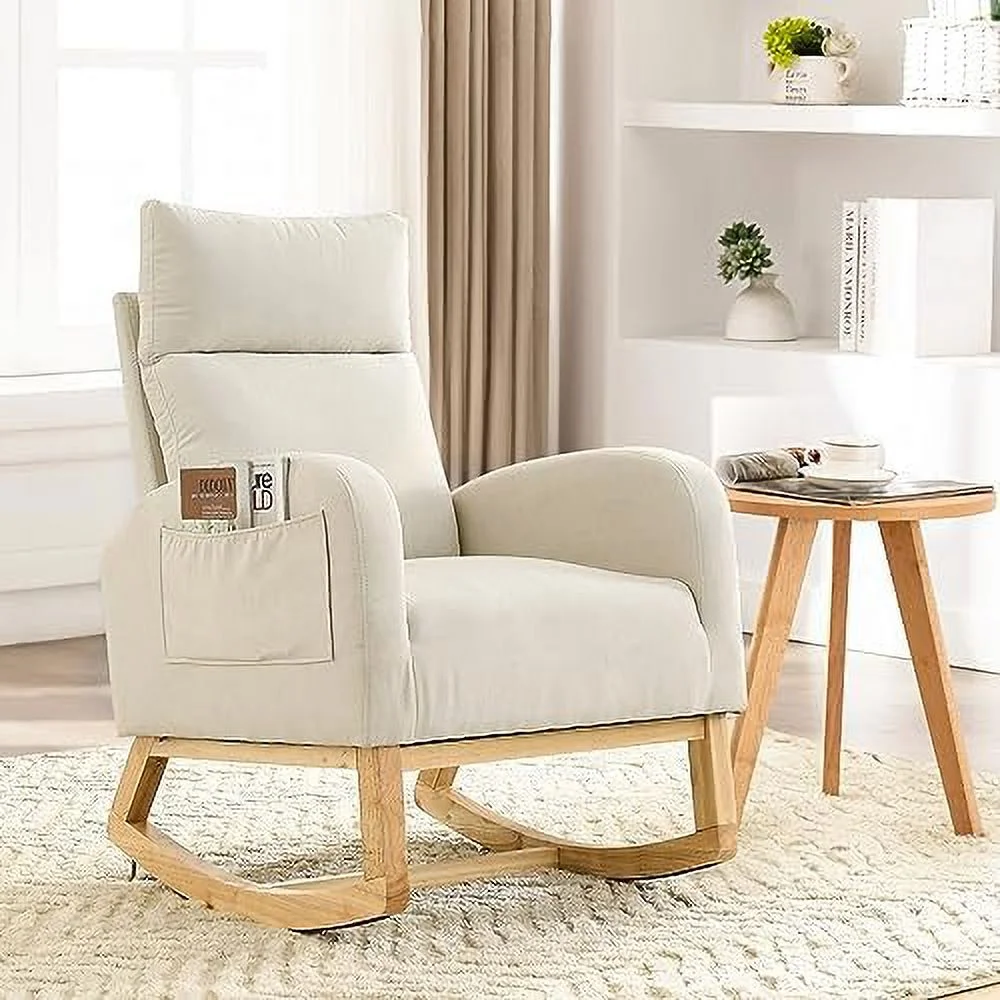 TJCGDTY Rocking Chair Nursery  Modern Glider Chair for Nursery with Solid Wood Legs Upholstered Rocker Arm Chair with Two Side Pockets for Living Room Bedroom(Teddy-White)