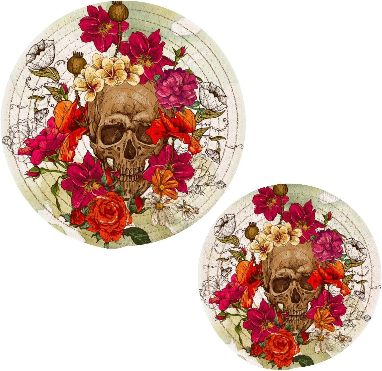 SKYSONIC Skeleton Flowers Pot Holders Trivets, 2 Pcs Heat Resistant Trivets,Summer Skull Cotton Thread Weave Mats for Hot Pads Pans Pot Bowl Teapot for Kitchen Decor