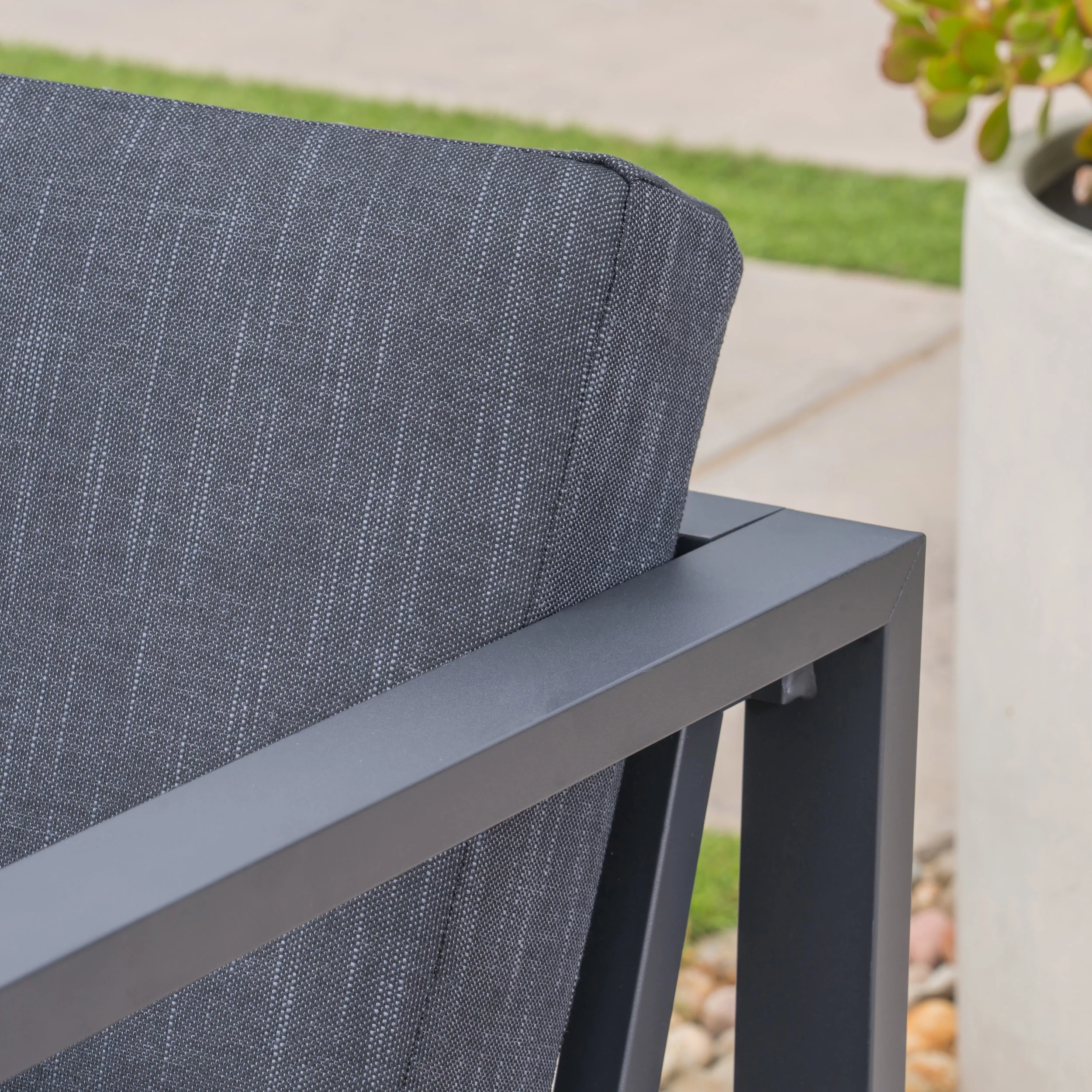 Quentin Outdoor 6 Piece Aluminum Chat Set with Fire Pit and Tank Holder, Black, Dark Gray, Dark Gray