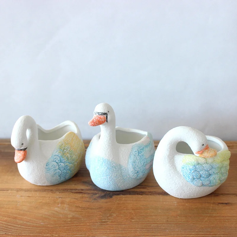 Ceramic Succulent Planter - Snowflake Glazed Swan Design