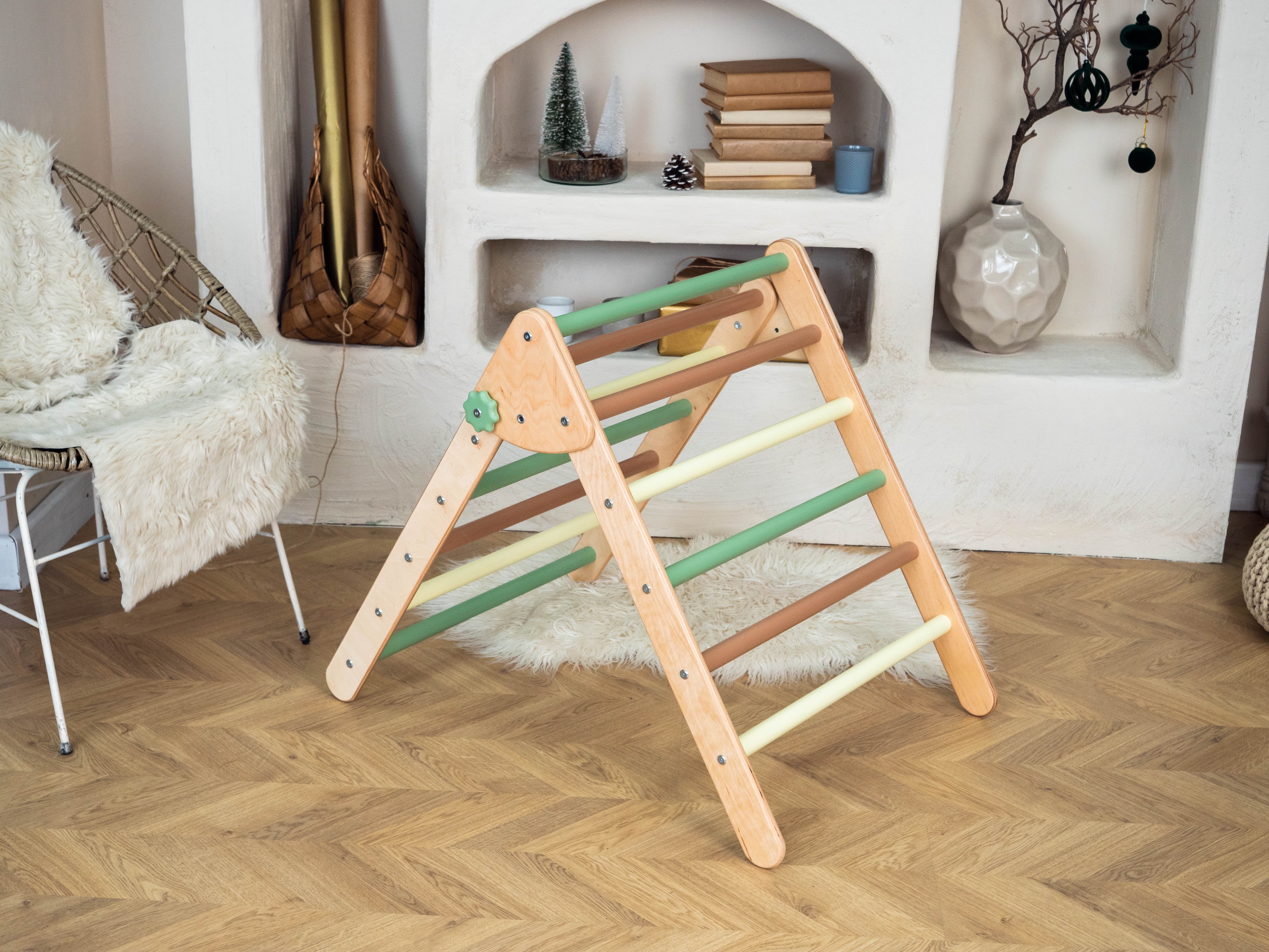 Woodandhearts Wooden gym for little one: Ramp with Triangle and Climbing Arch, Playing Set, Khaki color, for Kids 2-6 years
