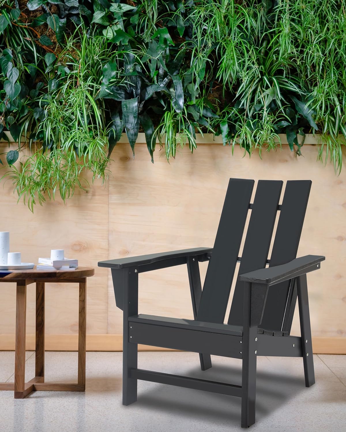 Outdoor Adirondack Chair, HDPE Plastic Patio Chairs for Fire Pits, Gardens, Decks, Seaside Weather Resistant, Waterproof, Easy to Assemble (Black+Black)