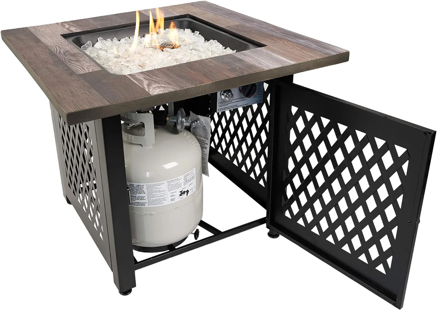 Nate 30 Inch Square Liquefied Petroleum Gas Table With Hidden Control Panel, White Fire Glass And Cover, Black