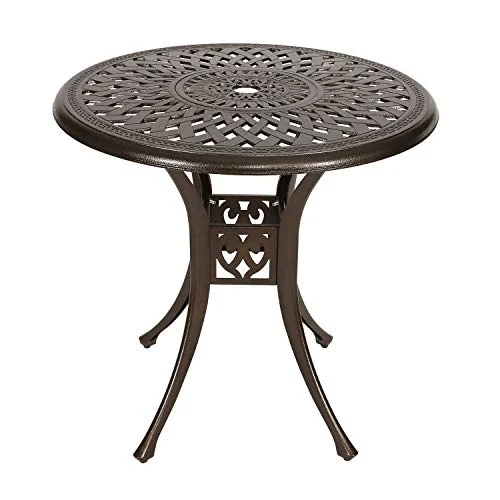 Puluomis 31” Round Cast Aluminum Dining Table, Outdoor Patio Retro Bistro Dining Table with 2” Umbrella Hole