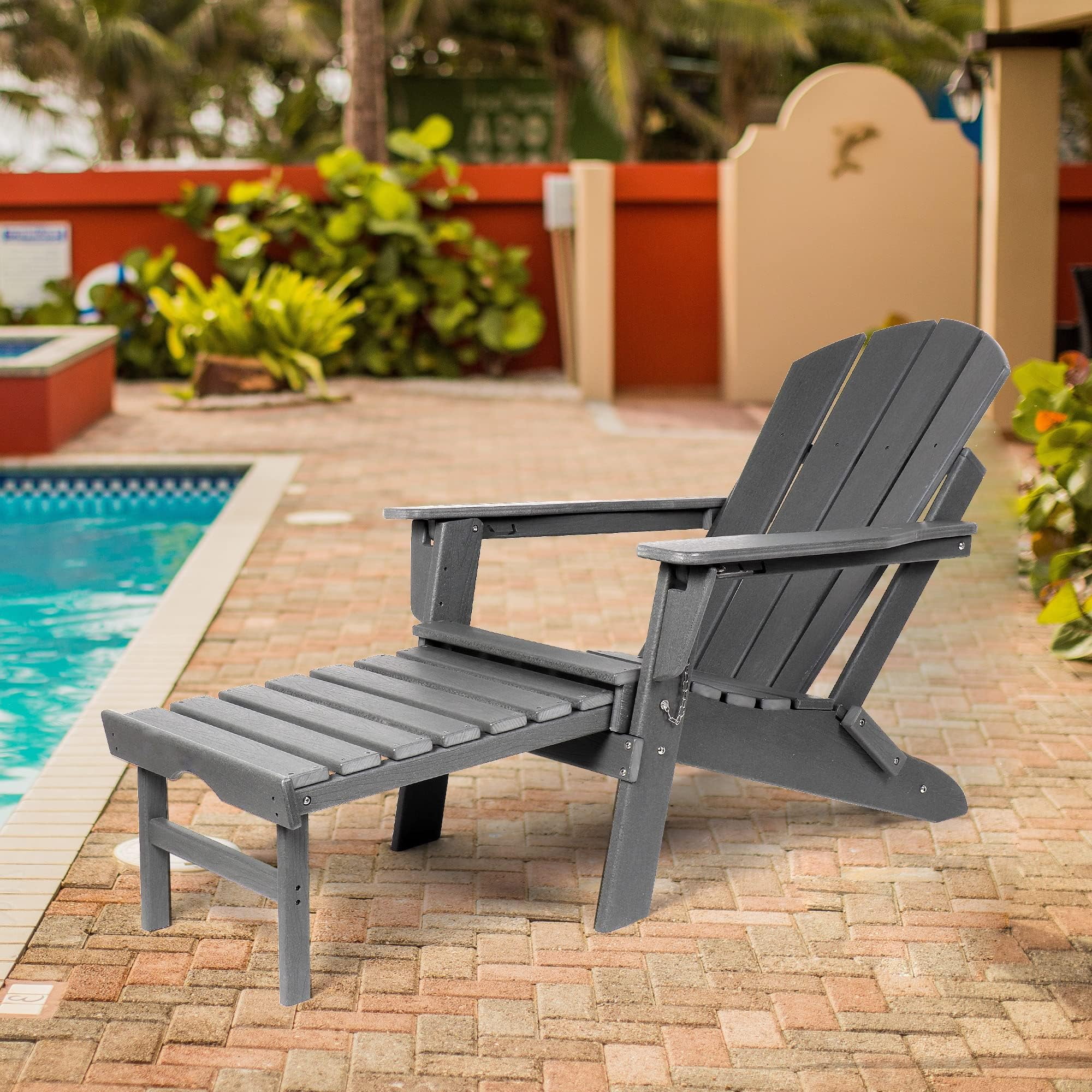 Folding Adirondack Chair with Retractable Ottoman, HDPE All-Weather Resistant Adjustable Backrest Adirondack Chair w/4 in 1 Cup Holder Trays, Wood Texture Grey
