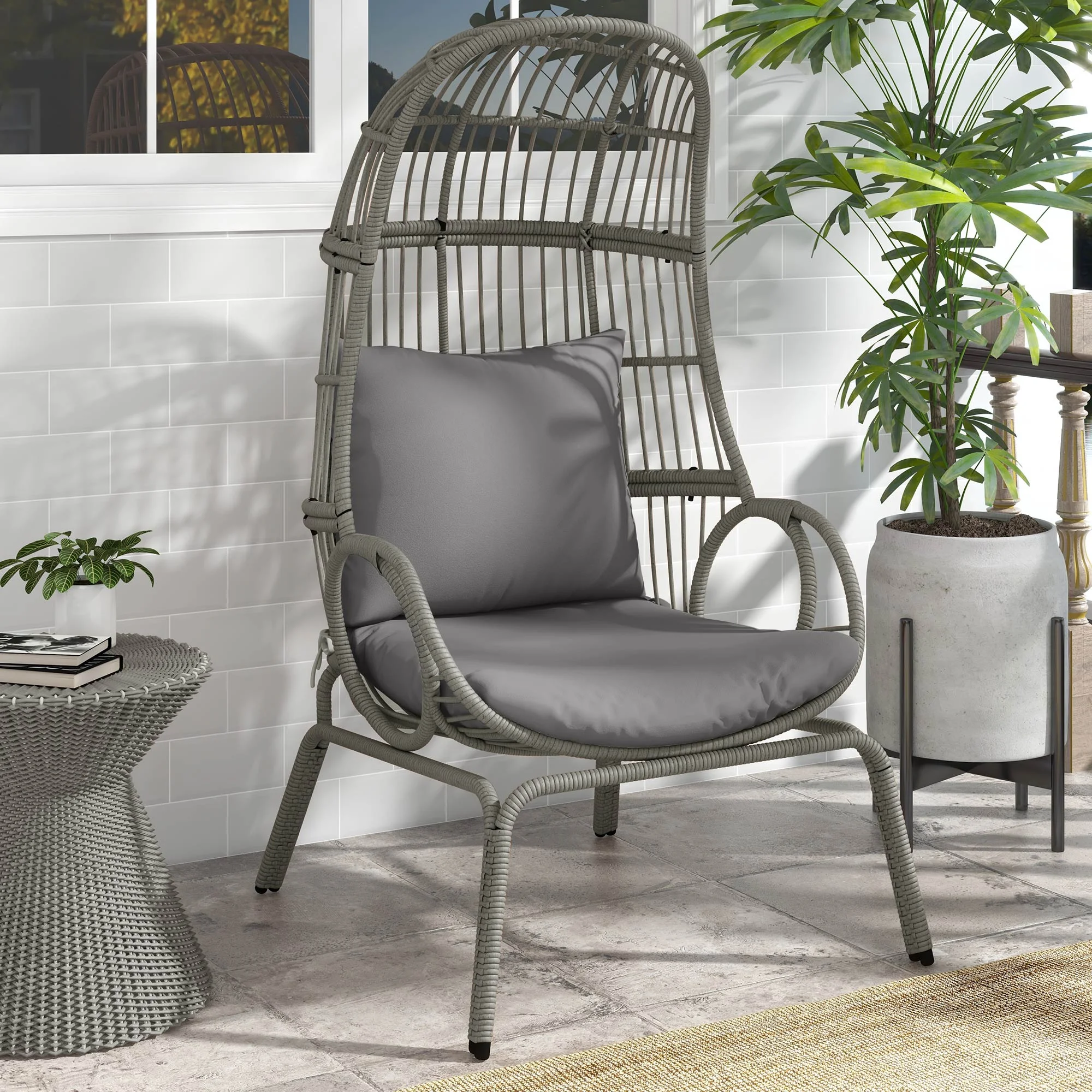 Dextrus Wicker Egg Chair Oversized Indoor Outdoor Patio Lounger w/ Steel Frame, Basket Chair for Bedroom,Living room,Patio, 370lb Capacity - Gray