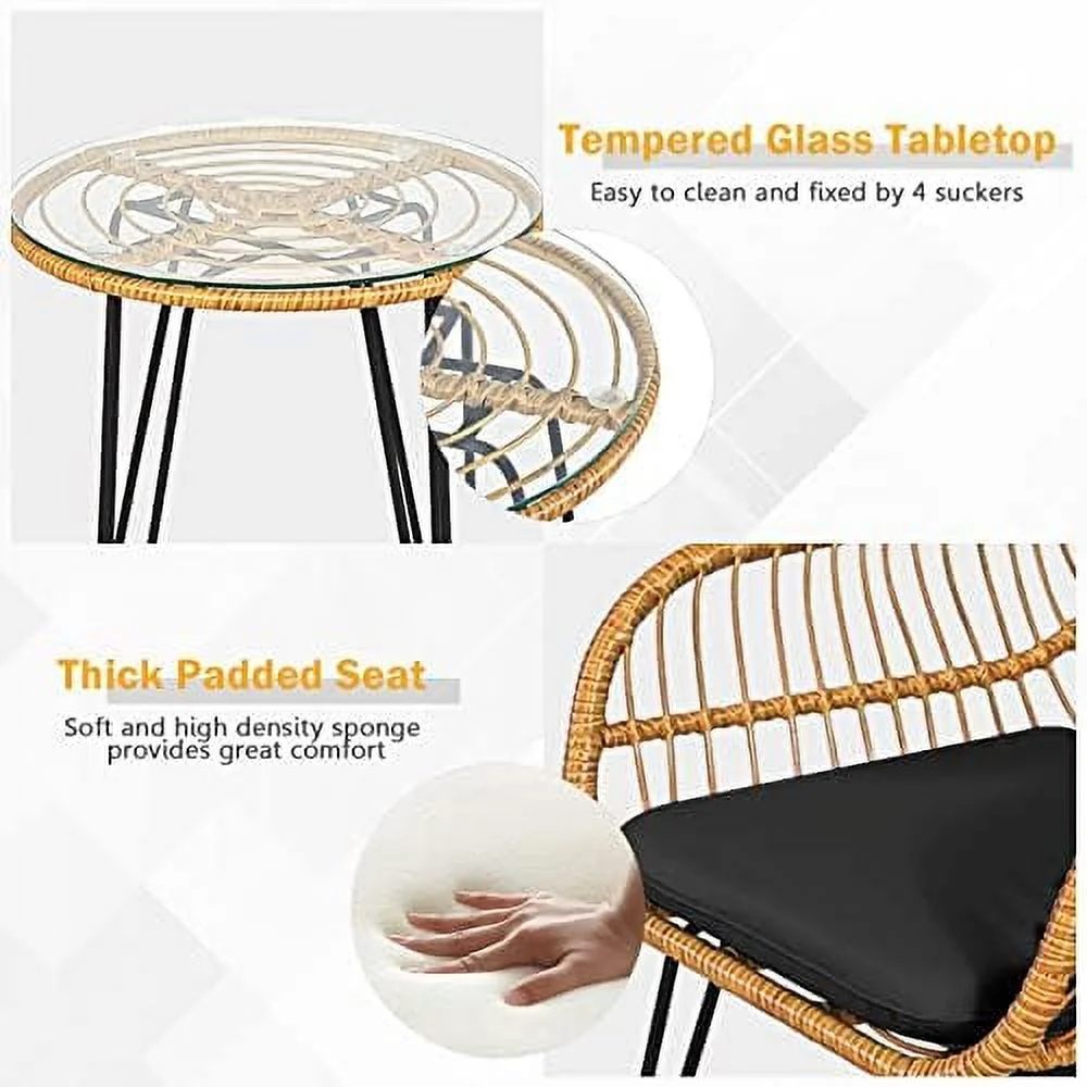 QYFZBIM 3 Pieces Rattan  with Steel Frame Round Coffee Table  Soft Cushions  Rattan Bistro  Set