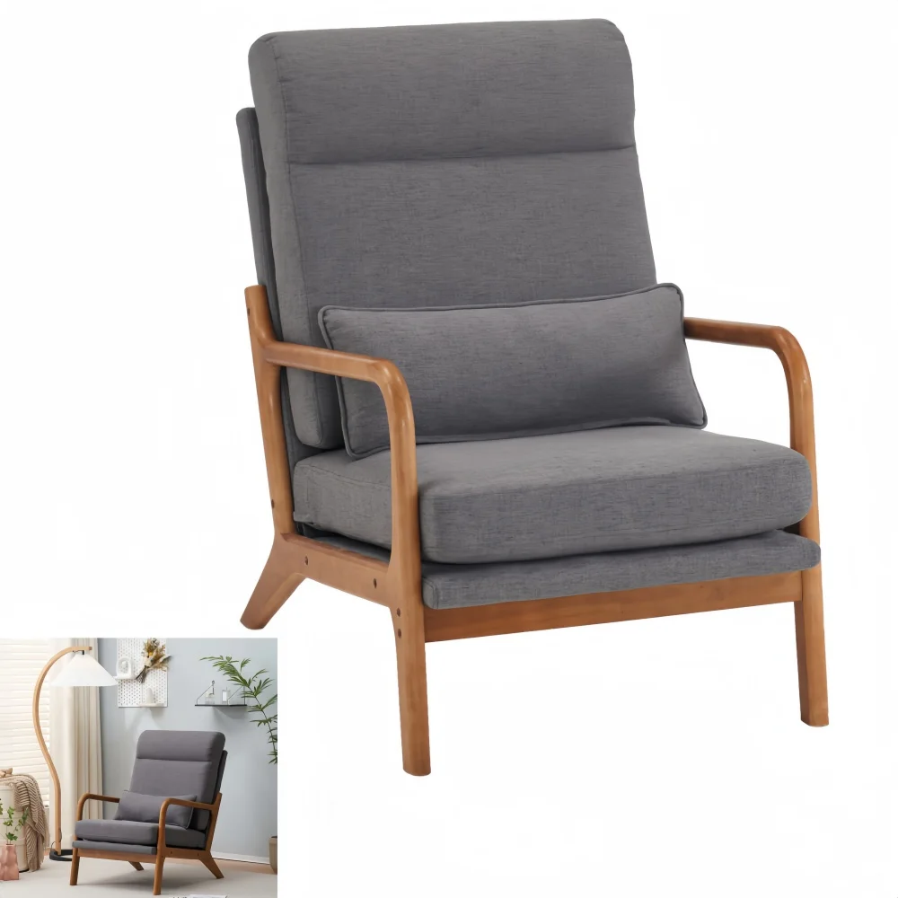 YAHAOLHGD Leisure Chair High Back Solid Wood Armrest Backrest Iron Frame Linen Grey
