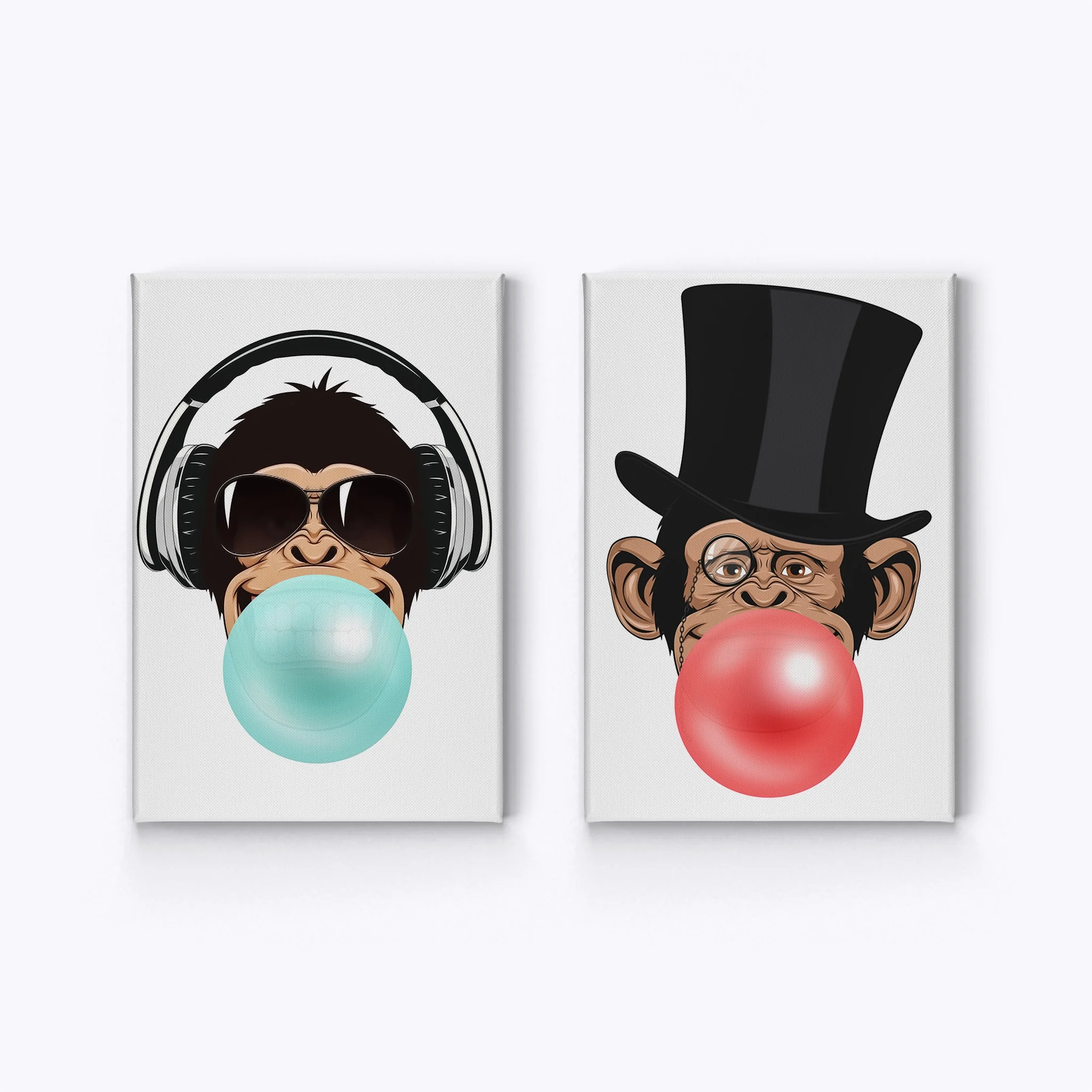 Smile Art Design Funny Monkeys DJ and Senior Animal Bubble Gum Art 2 PANEL CANVAS PRINT SET Red and Blue Chewing Gum Wall Art Home Decor Living Room Kids Room Nursery Ready to Hang Made in USA 22x15