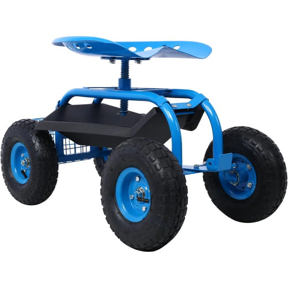 ACETEK 360 Swivel Seat,Rolling Garden Scooter Garden Cart Seat with Wheels and Tool Tray,Blue