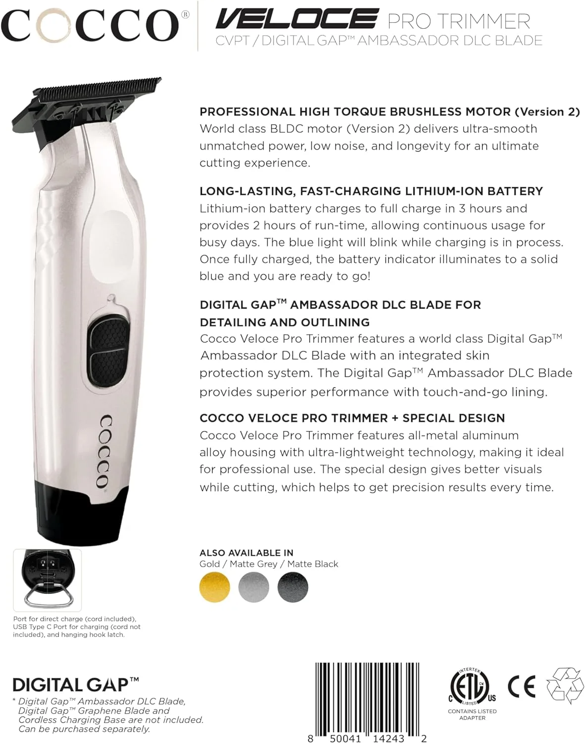 Cocco® Veloce Pro Trimmer Collection: Precision Trimmers for Professionals - Digital Gap™ Ambassador DLC Blade, High-Torque DC Motor, All-Metal, Cordless (Limited Edition in Pearl White)
