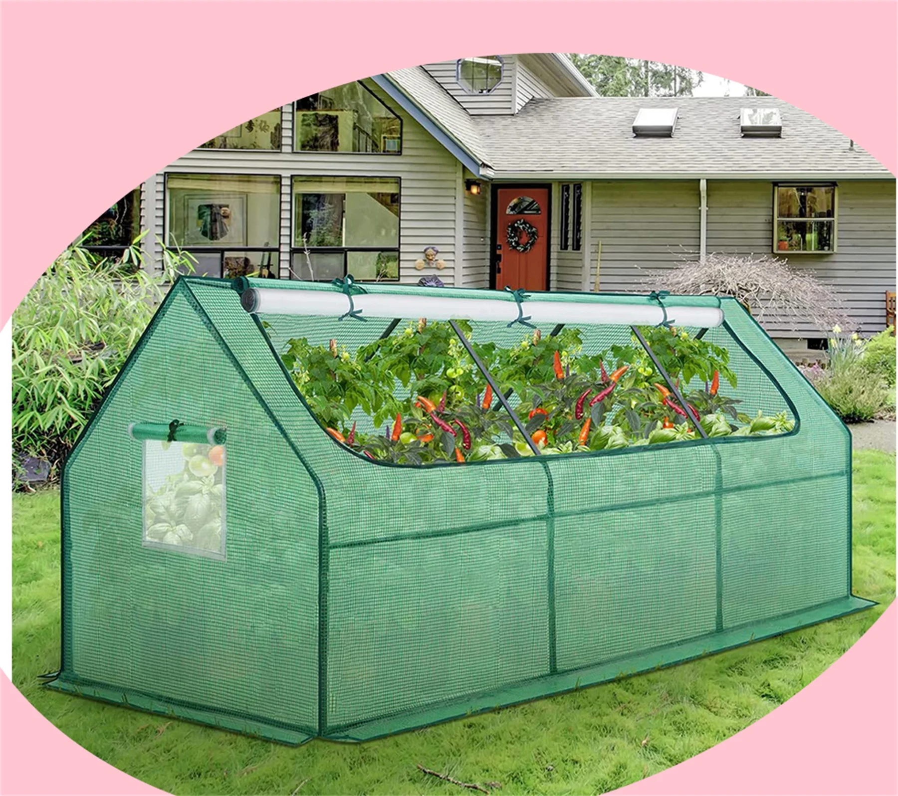 Mini Portable Greenhouse, 2 Meshed Windows & Large U-Shaped Zipper Screen Door