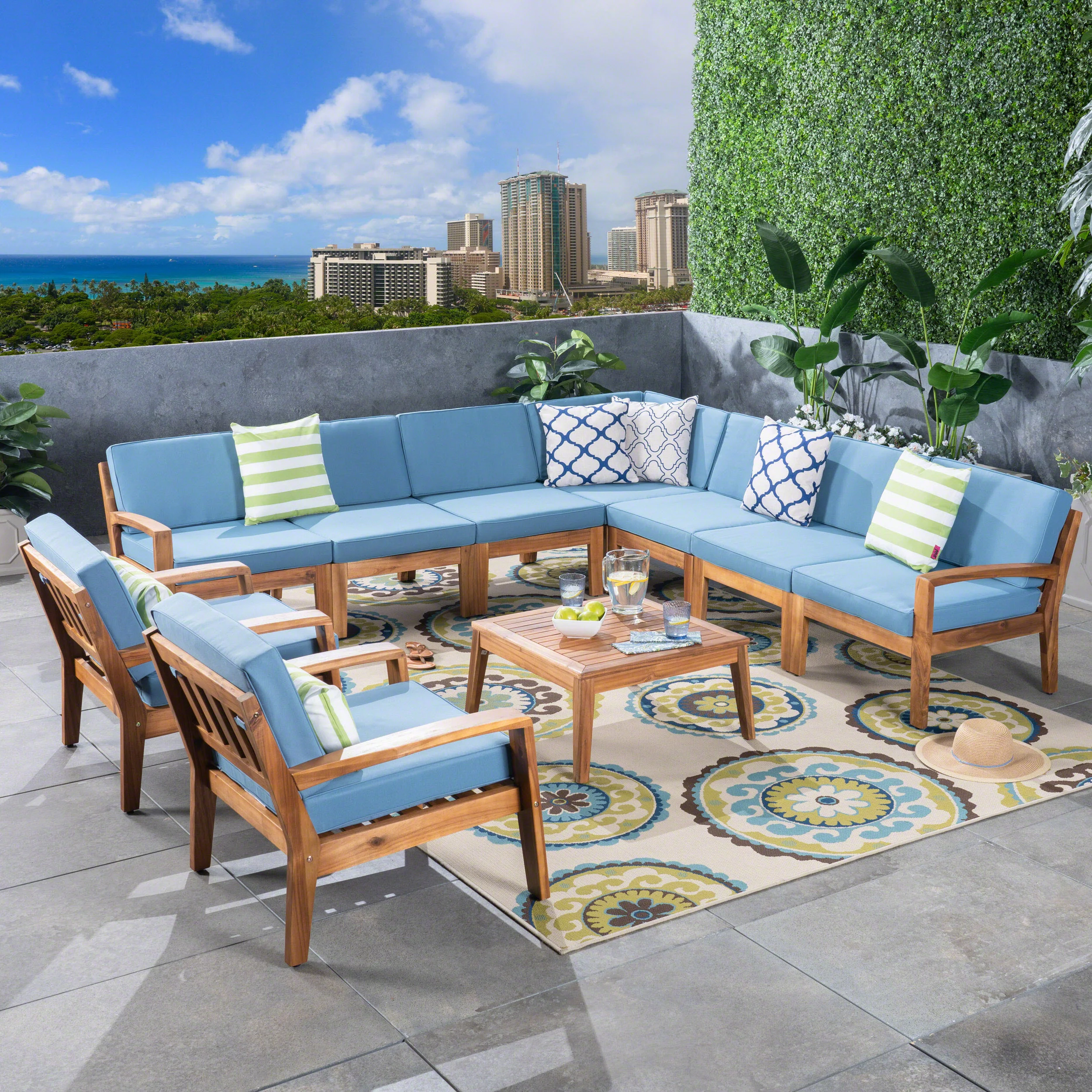 Wilcox Outdoor 10 Piece Sectional Sofa Set with Cushions, Teak, Blue