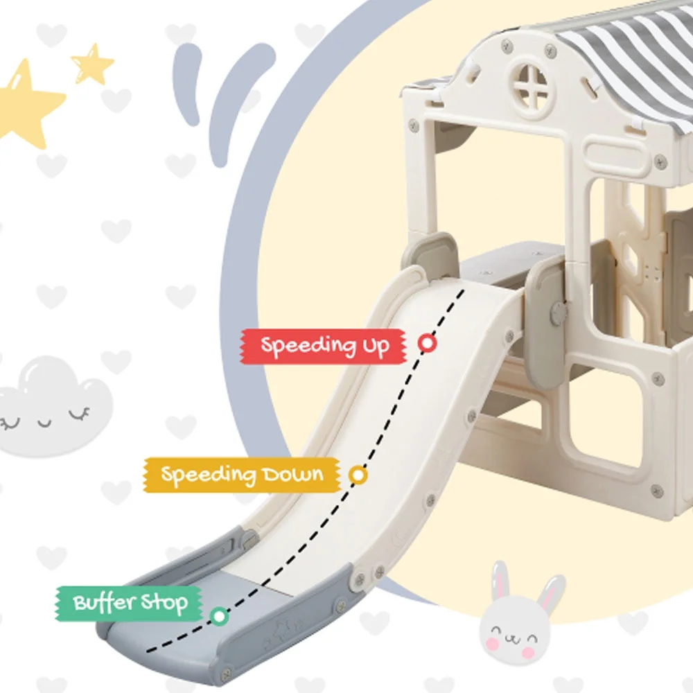 6 in 1 Slide and Swing Set, Climber Slide Playset with Fairy House, Freestanding Slide - Off-White+Grey