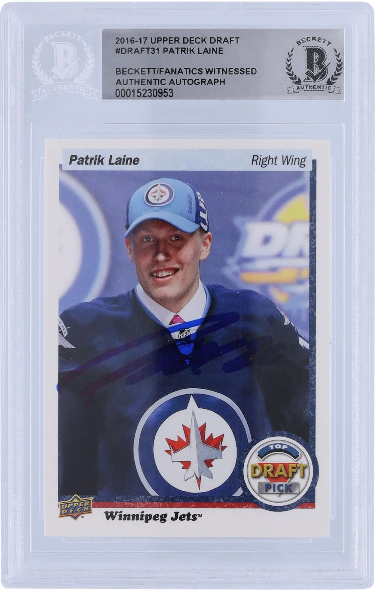 Patrik Laine Winnipeg Jets Autographed 2016-17 Upper Deck Draft Top Draft Pick #DRAFT-31 Beckett Fanatics Witnessed Authenticated Rookie Card - Fanatics Authentic Certified