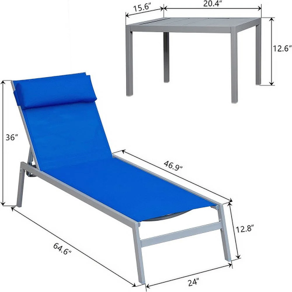 YPDCHB Patio Chaise Lounge Set  3 Pieces Adjustable Backrest Pool Lounge Chairs Steel Textilene Sunbathing Recliner with Headrest (Blue.2 Lounge Chairs+1 Table)