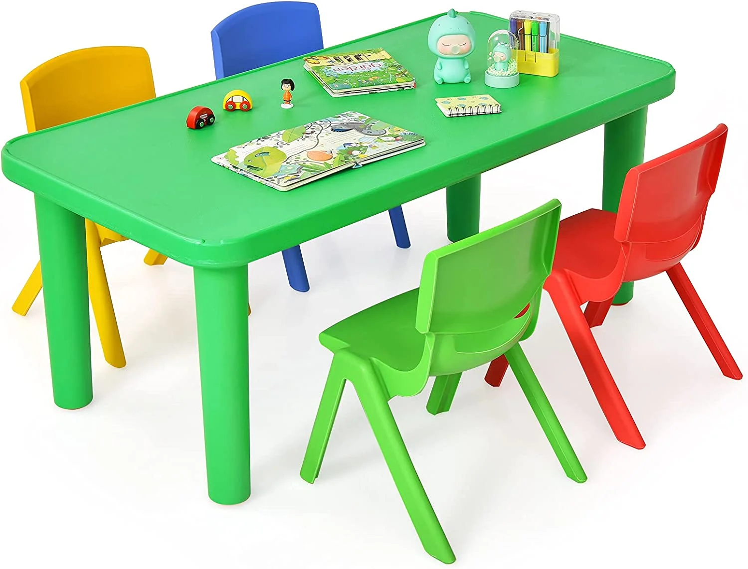Kids Table and Chair Set, Plastic Learn and Play Activity Set, Colorful Stackable Chairs, Portable Table for School Home Play Room (Table & 4 Chairs)