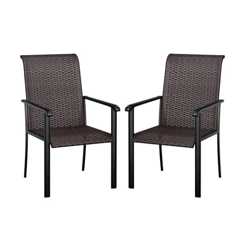 VICLLAX Patio Rattan Dining Chairs Set of 2, Outdoor High Back Wicker Dining Chairs for Garden Deck Yard Front Porch, Black Frame/ Back& Seat