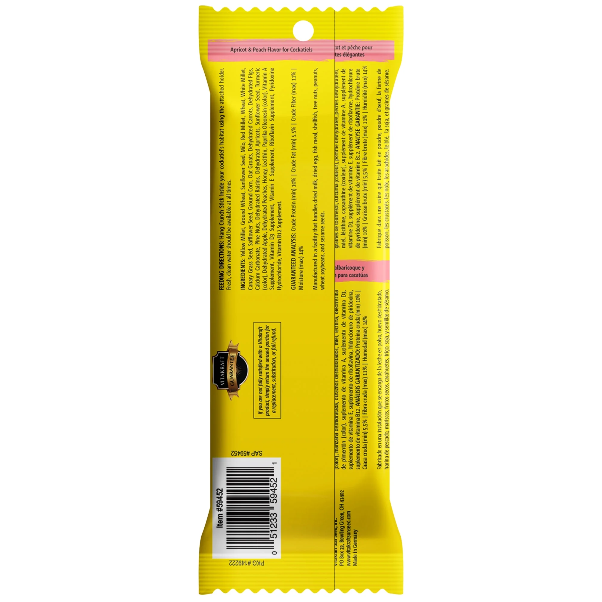 Vitakraft Crunch Sticks Cockatiel Treat - Apricot and Peach - Pet Bird Treat Toy - 2 Sticks