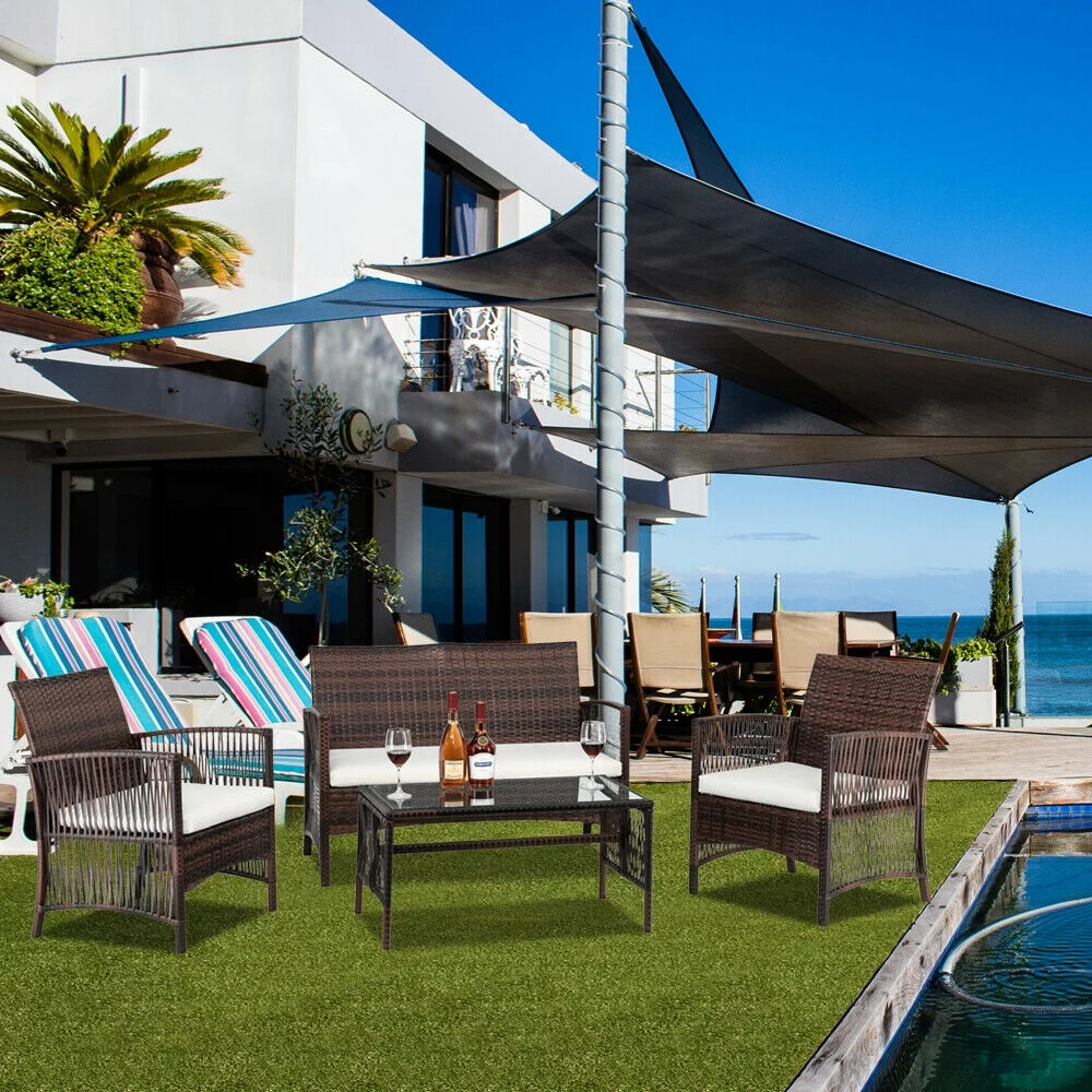 QHTT 4Pcs Garden Patio PE Rattan Set Single Chairs Seat & Coffee Table Loveseat Brown Gradient