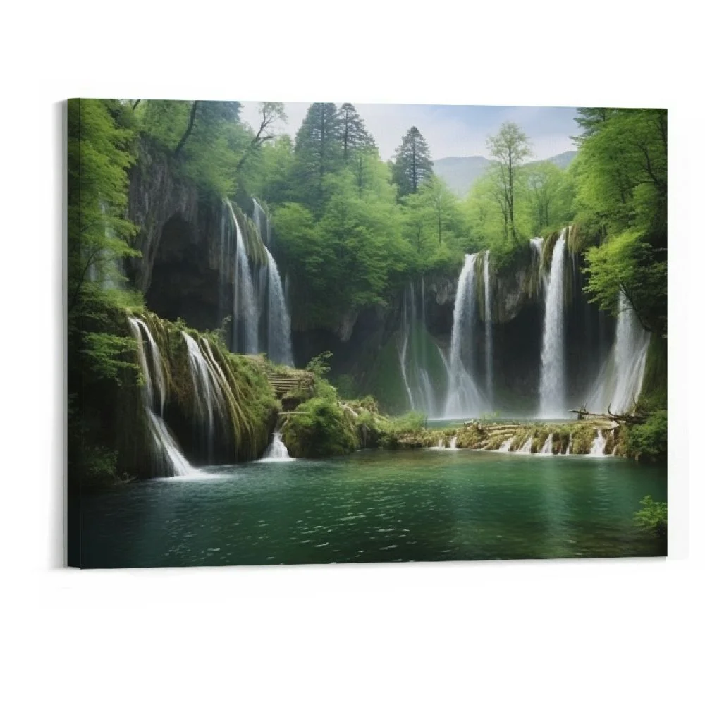 Shiartex  Nature Wall Art Waterfall Scenery Wall Decor Green Forest of Croatia Park Landscape Painting Print Artwork for Living Room,Bedroom,Home Decor,Ready to hang (Waterfall, 20x16 Inch)