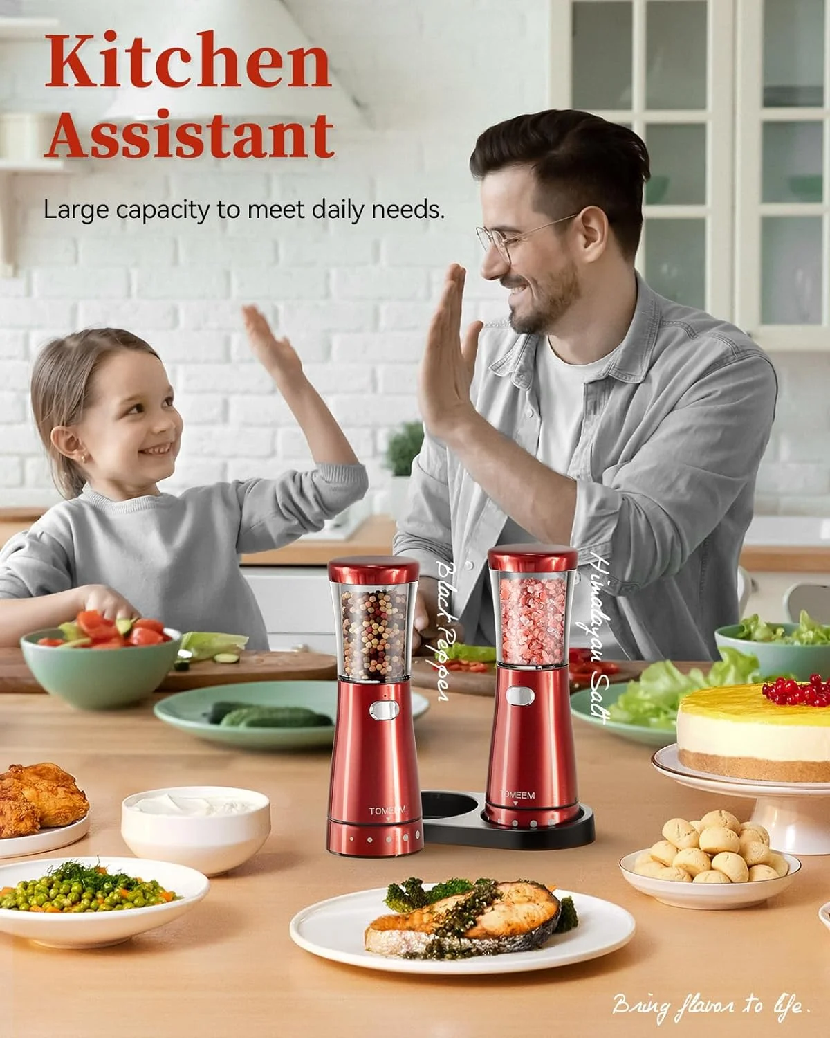 Tomeem Electric Salt and Pepper Grinder Set Rechargeable Stainless Steel Salt and Pepper Shakers Electric with Lights Double Gloss Red
