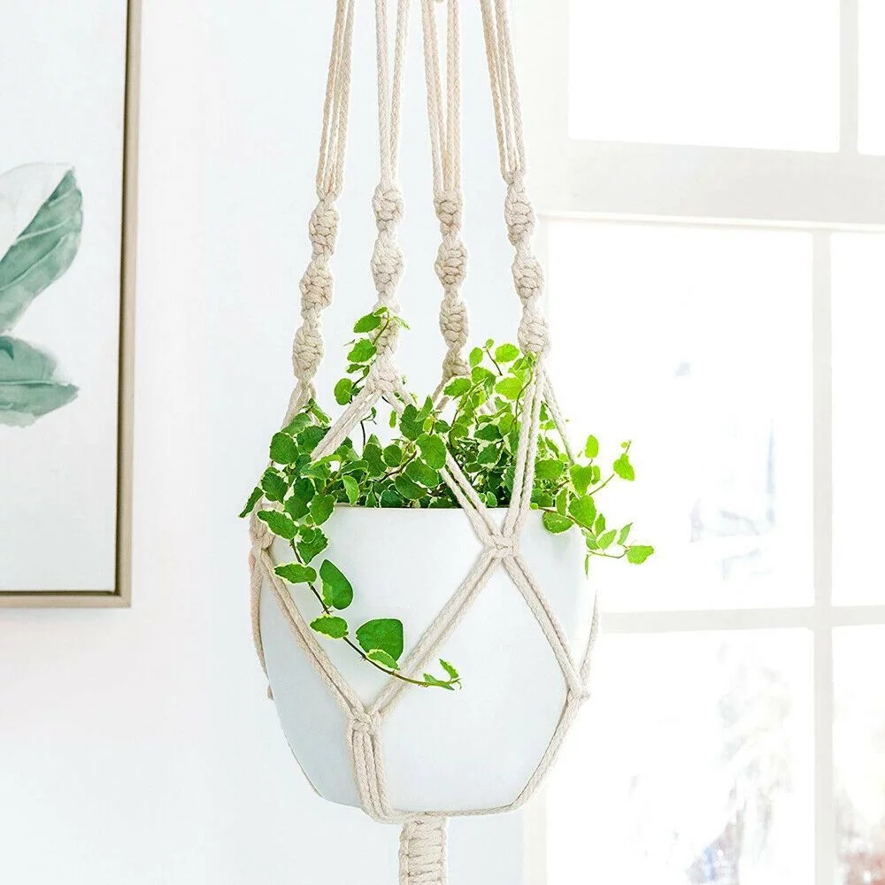 2 Pcs 41 Inch Plant Gardening Net Pocket Large Garden Supplies Plant Hanger Flower Pot Holder Lanyard Tassel Hanging Basket WHITE