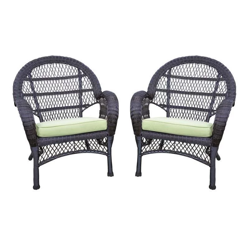 Afuera Living Wicker Chair in Espresso with Green Cushion (Set of 4)