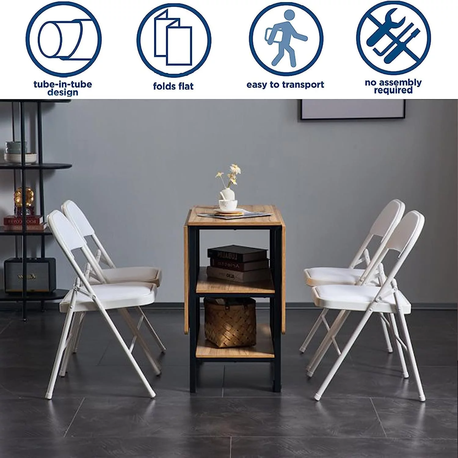 Vebreda Folding Chair (4 Pack) Vinyl Padded Seat Metal Frame Home Office, White