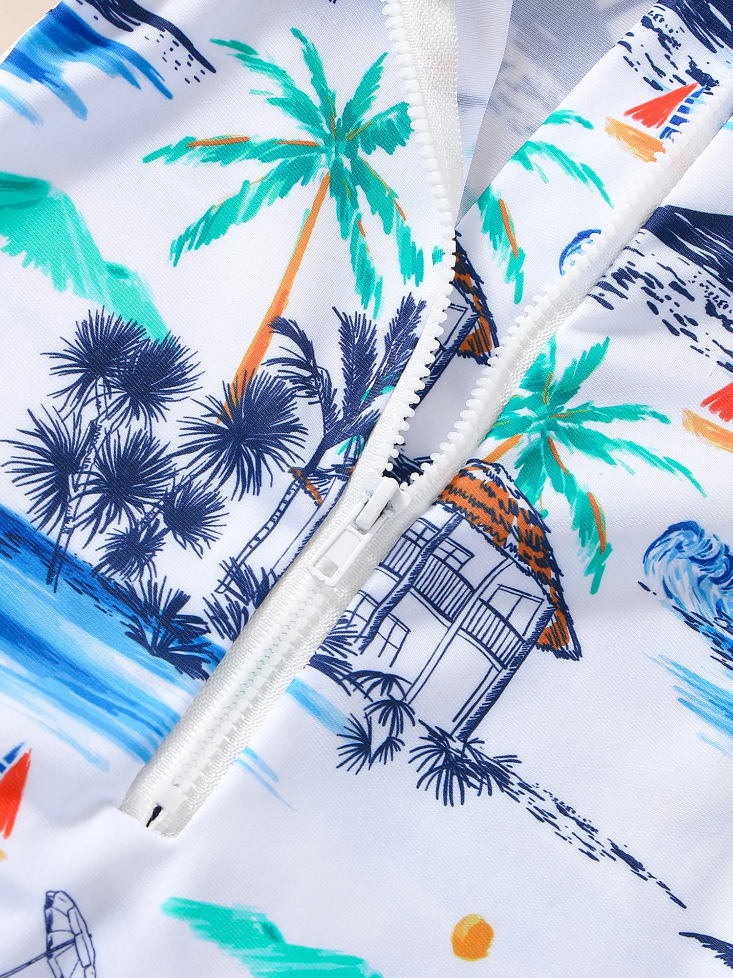 HOANSELAY Boy Romper Swimsuit, Long Sleeve Stand Neck Zipper Coconut Tree Beach Print Beach Swimwear Jumpsuit
