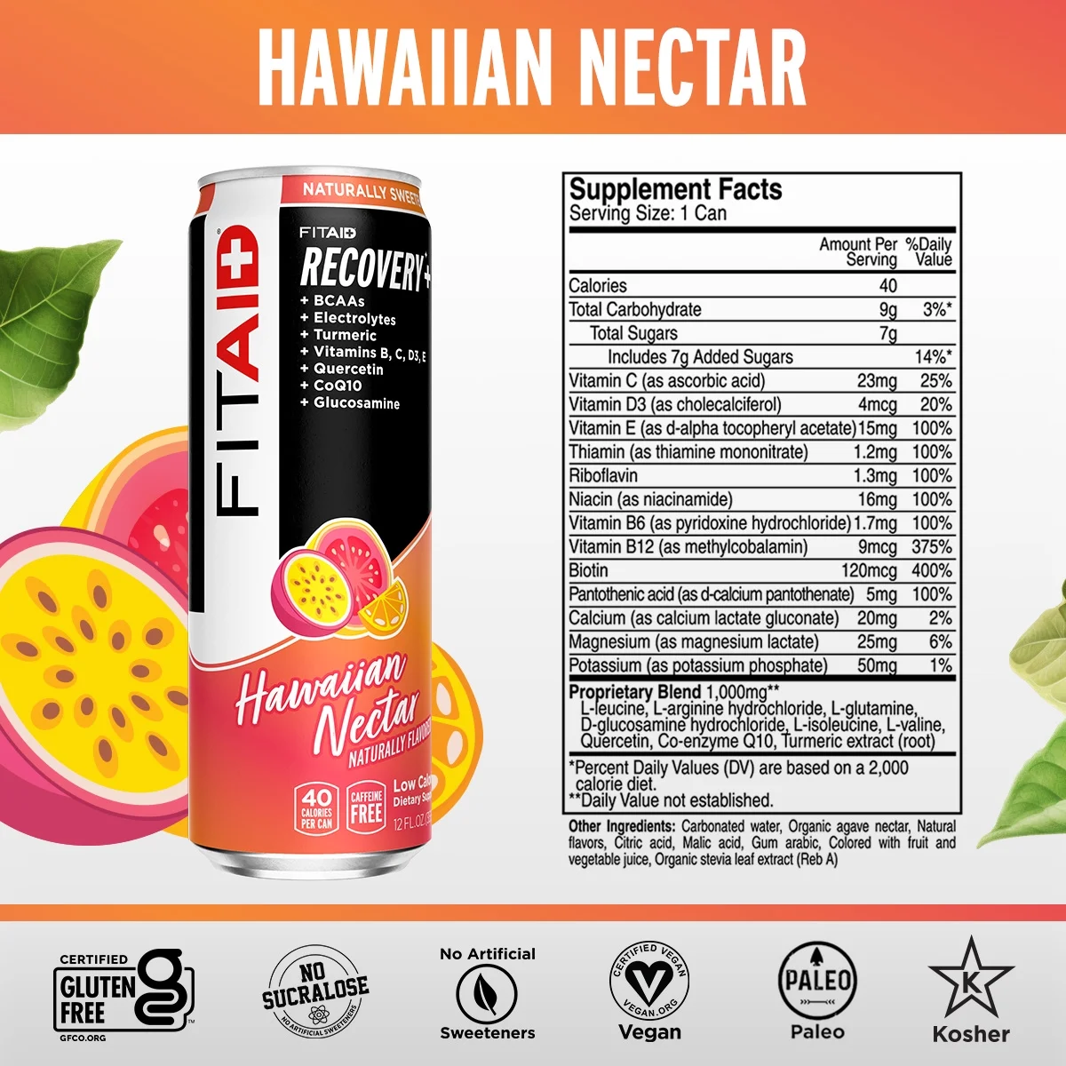 FITAID Post Workout Recovery Drink, Hawaiian Nectar, Passion Fruit, Orange & Guava, BCAAs, Glucosamine, Electrolytes, Paleo, Vegan & Gluten-Free, 12 Fl Oz (Pack of 24)