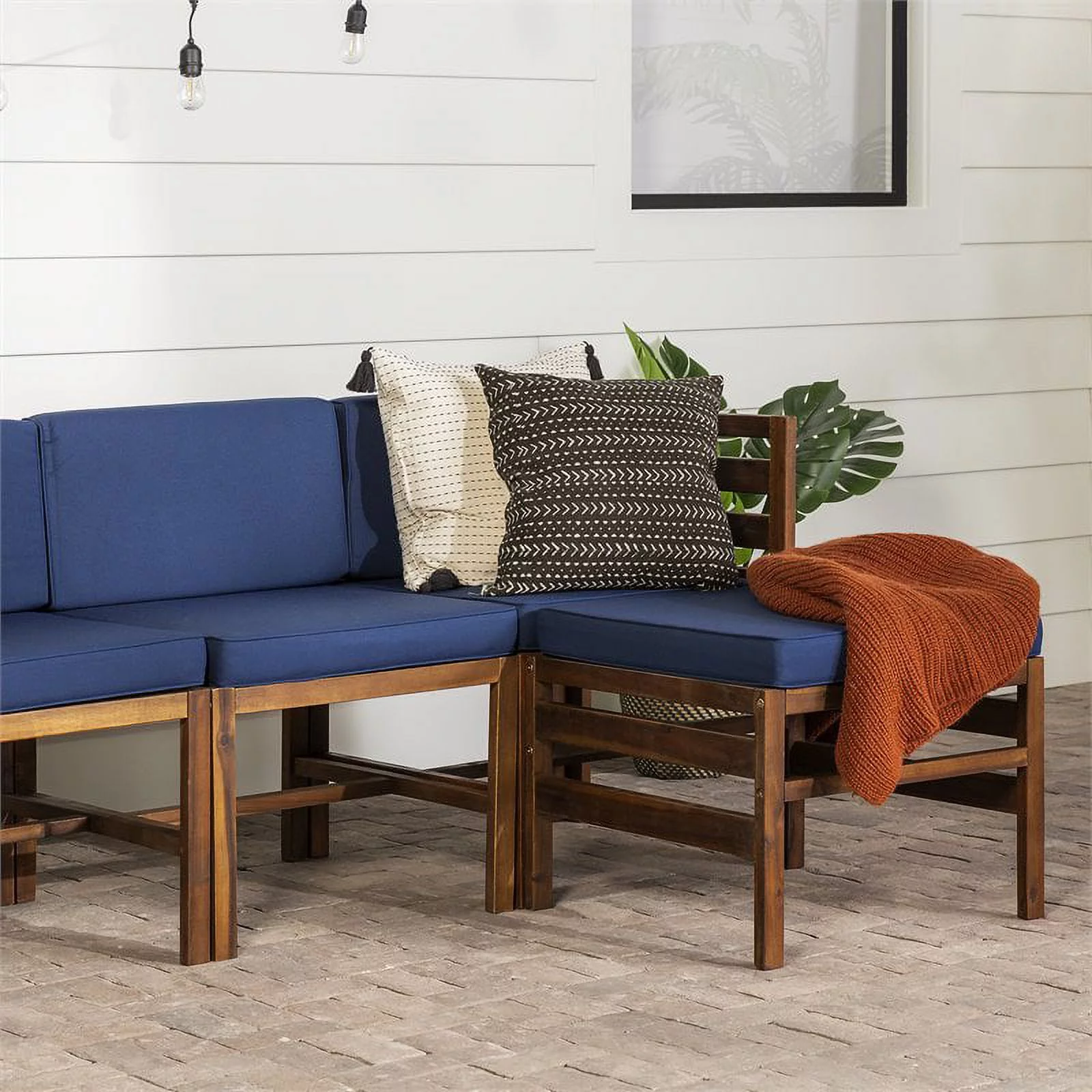 Sanibel 4 Piece Modular Acacia Set with Ottoman in Dark Brown/Navy Blue