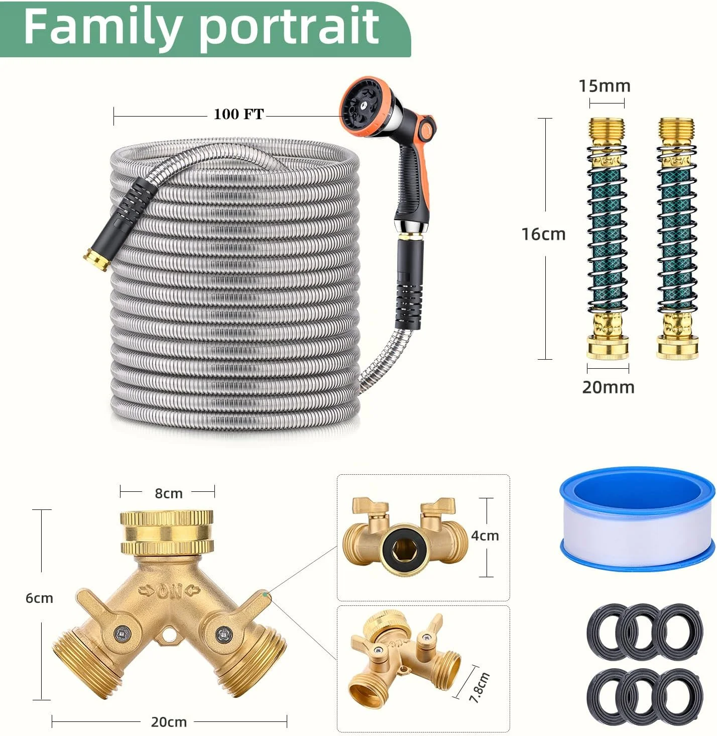 Metal Garden Hose 50ft  Liffey 304 Stainless Steel Water Hose With 2 Hose Extension Adapter  2-Ways Hose Splitter and 10-Function Nozzle  3/4‘‘ Fittings  Liffey Tangle & Kink