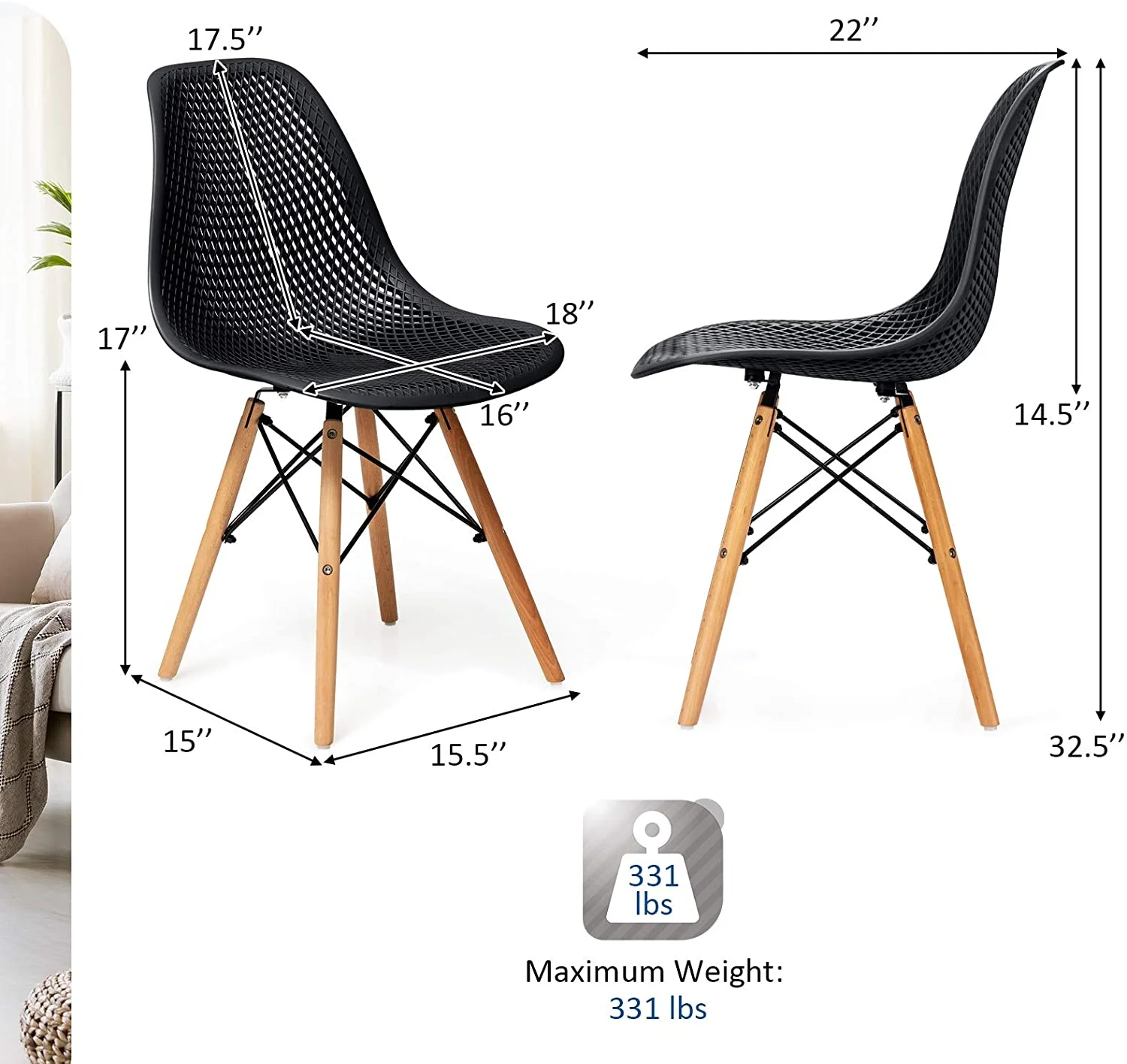 Set of 2 Modern Dining Chairs, Outdoor Indoor Shell PP Lounge Side Chairs with Mesh Design, Beech Wood Legs, Tulip Leisure Chairs, DSW Dining Chairs for Kitchen, Dining Room, Black