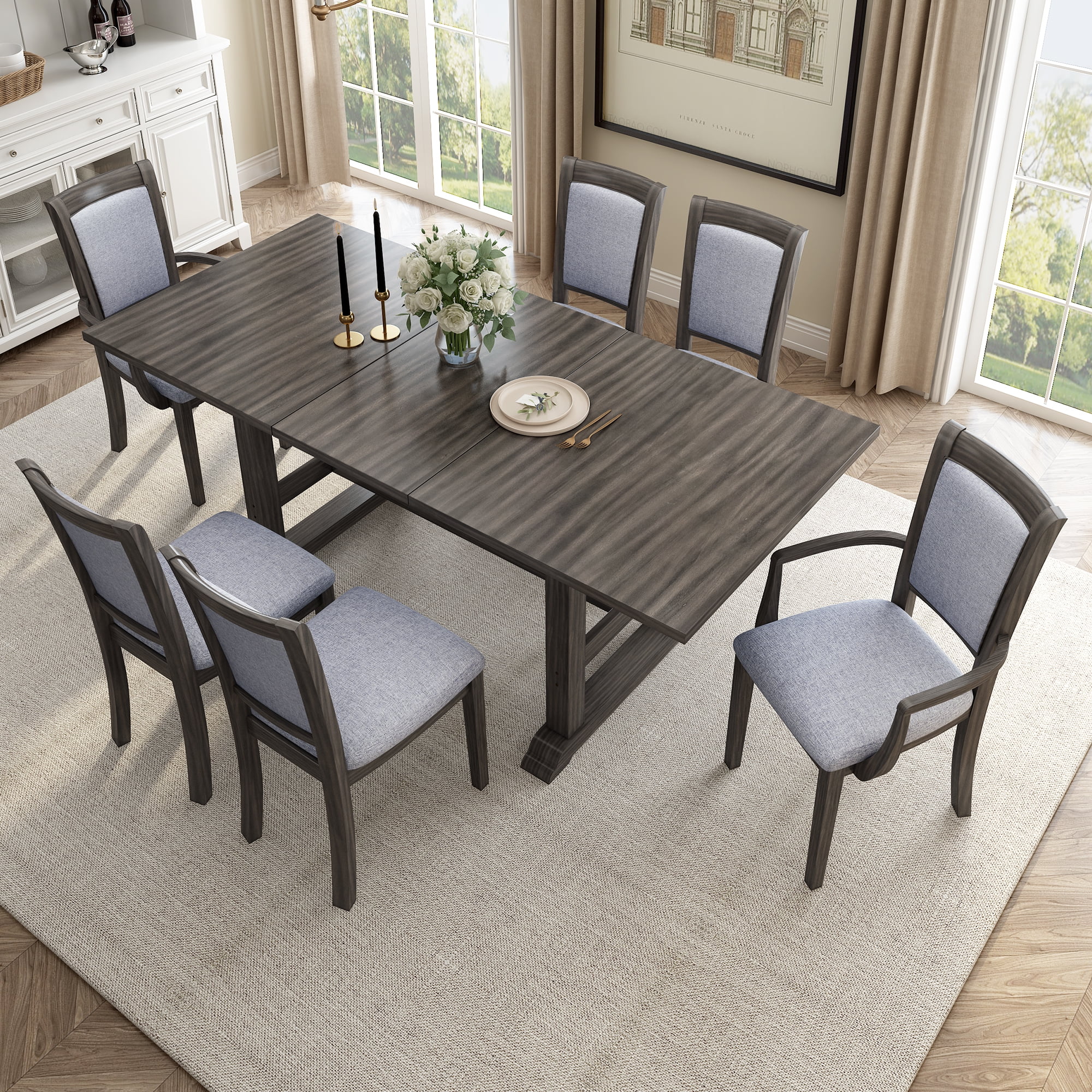 HighSound 7-Piece Updated 76.9inch Extendable Trestle Dining Table Set with Removable Leaf, Kitchen Table Set with Upholstered Side Chair and Arm Chair, Set of 6, Grey