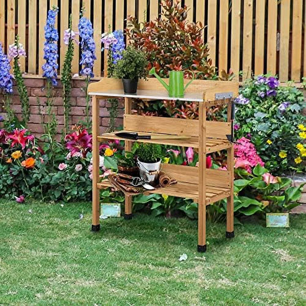 LNSETGC Potting Bench Table w/Metal Tabletop for Garden  Fir Wood Workstation w/3 Tier Shelves  Outdoor Work Bench w/Hook Natural Wood