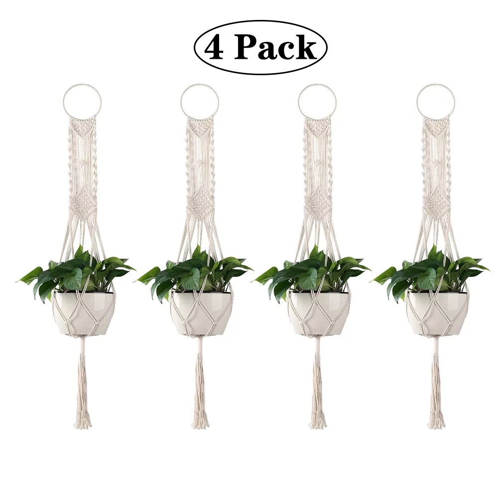 VONTER 4 Pack Macrame Plant Hangers, 3 Different Pack, Indoor Outdoor Hanging Planter Basket, Hanging Plant Holders, Decorative Macrame Hangers, 4 Legs 41.3 Inch, Cream Color, Boho Décor