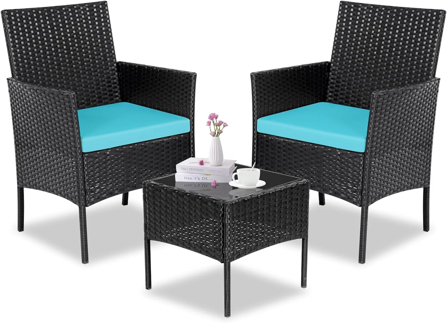 RSJIWOGZ Patio  Set 3 Pieces All-Weather Rattan Outdoor  Patio Chairs with Tempered Glass  for Porch Bistro Balcony (Black/Grey-2)