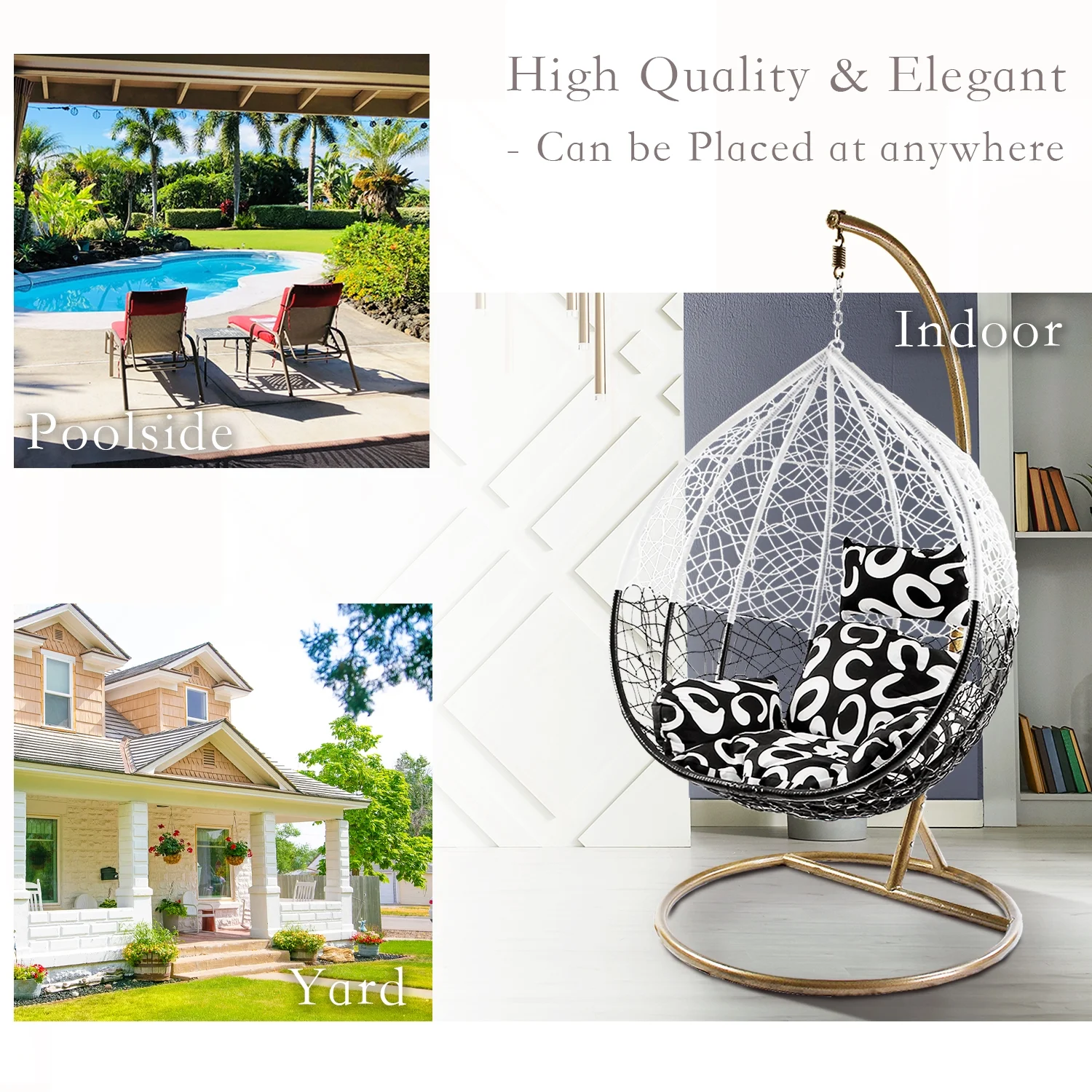 Wicker Rattan Hanging Swing Chair with White Metal Stand and Cushion