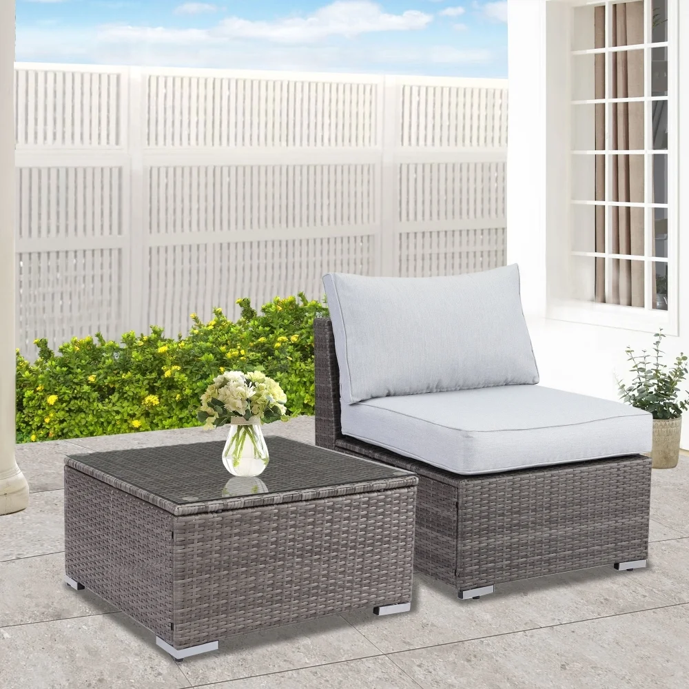 ZJbiubiuHome 2 Piece Light Grey Sofa Small Armless Single Rattan Sofa Couch Set With Small Couch