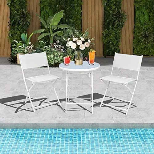HAPPYGRILL 3 Piece Patio Folding Bistro Set, Outdoor Foldable Chair & Table Set with Breathable Fabric, Tempered Glass Tabletop, Small Conversation Furniture Set for Porch Balcony Poolside Yard