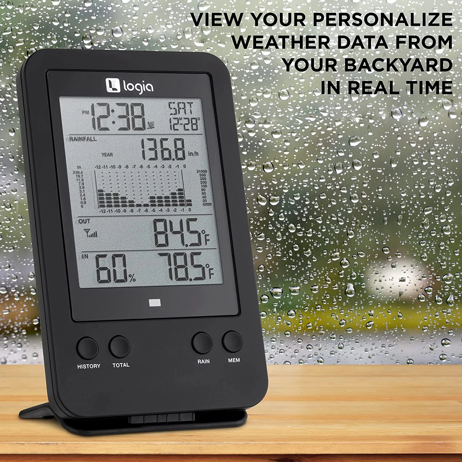 Logia 3-in-1 Rain Gauge Weather Station with Temperature & Humidity Alarms and Alerts