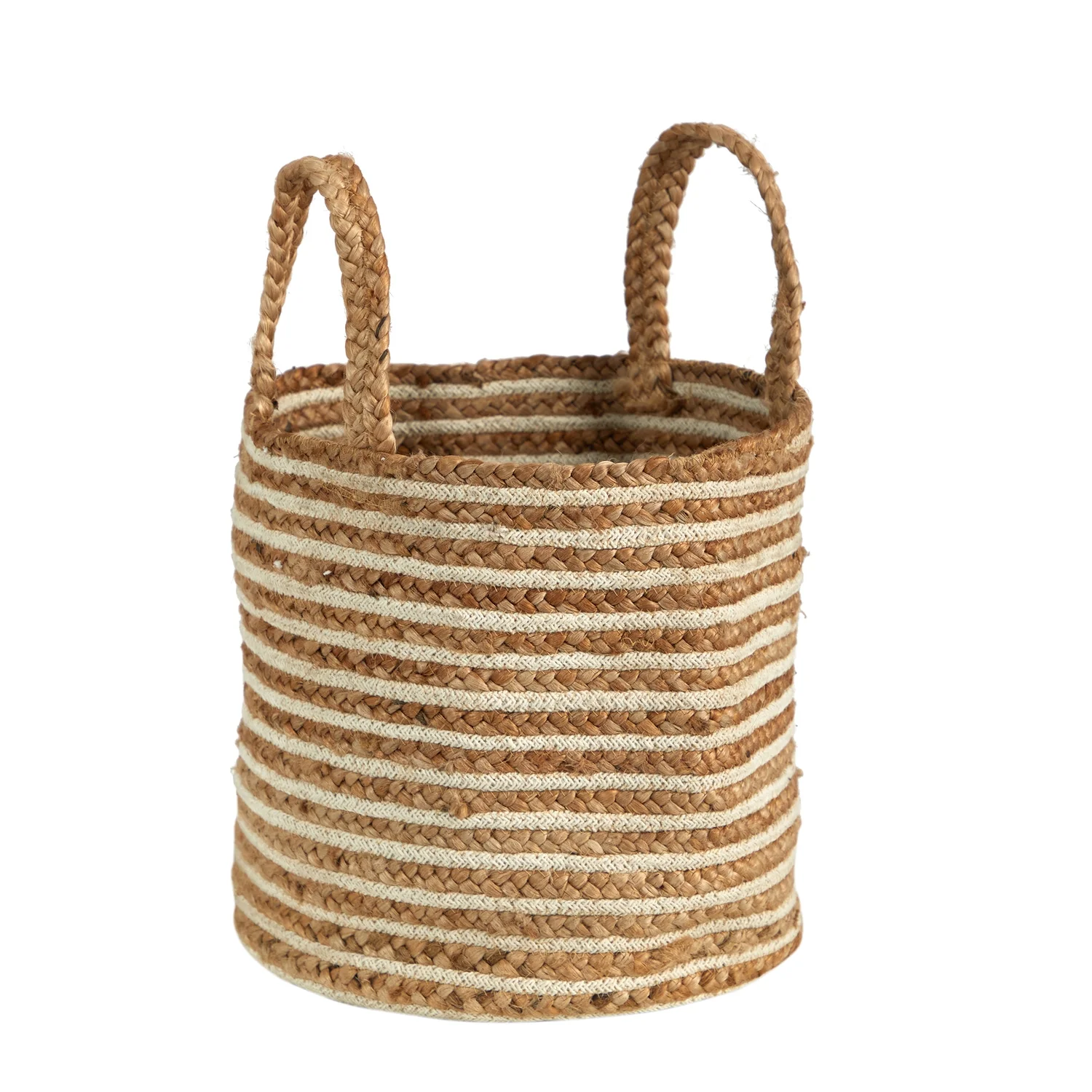 HomeStock 14In. Modern Marvel Basket Planter Cotton And Jute, Handwoven Stripe With Handles