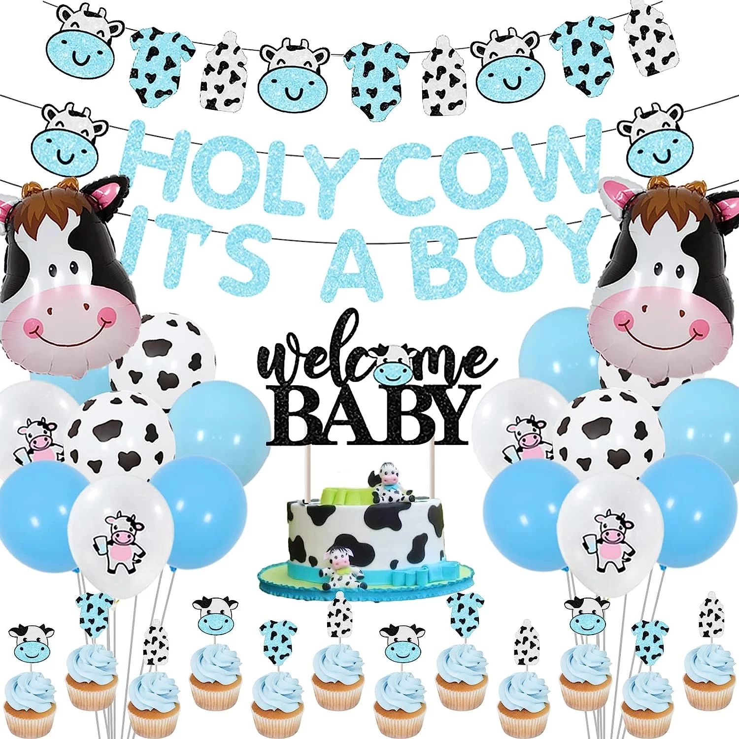 Cow Baby Shower Decorations for Boy, Holy Cow It's a Boy Baby Shower Decorations, Blue Cow Garland, Welcome Baby Cake Toppers for Cow Theme Baby Shower Decor