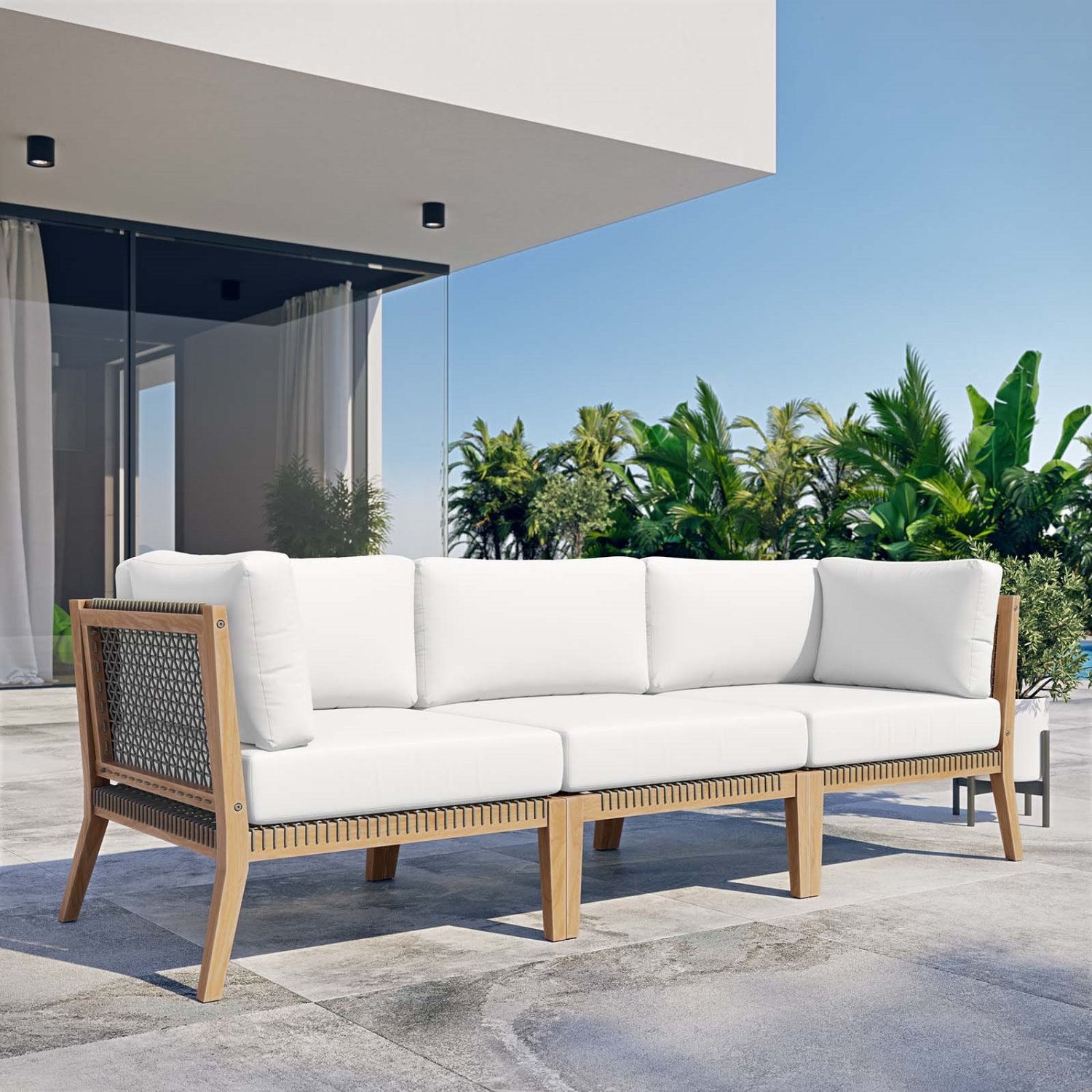 Lounge Sofa, Grey Gray Natural, Teak Wood, Outdoor Patio Balcony Cafe Bistro Garden Hospitality Restaurant, Modern Contemporary HB34451