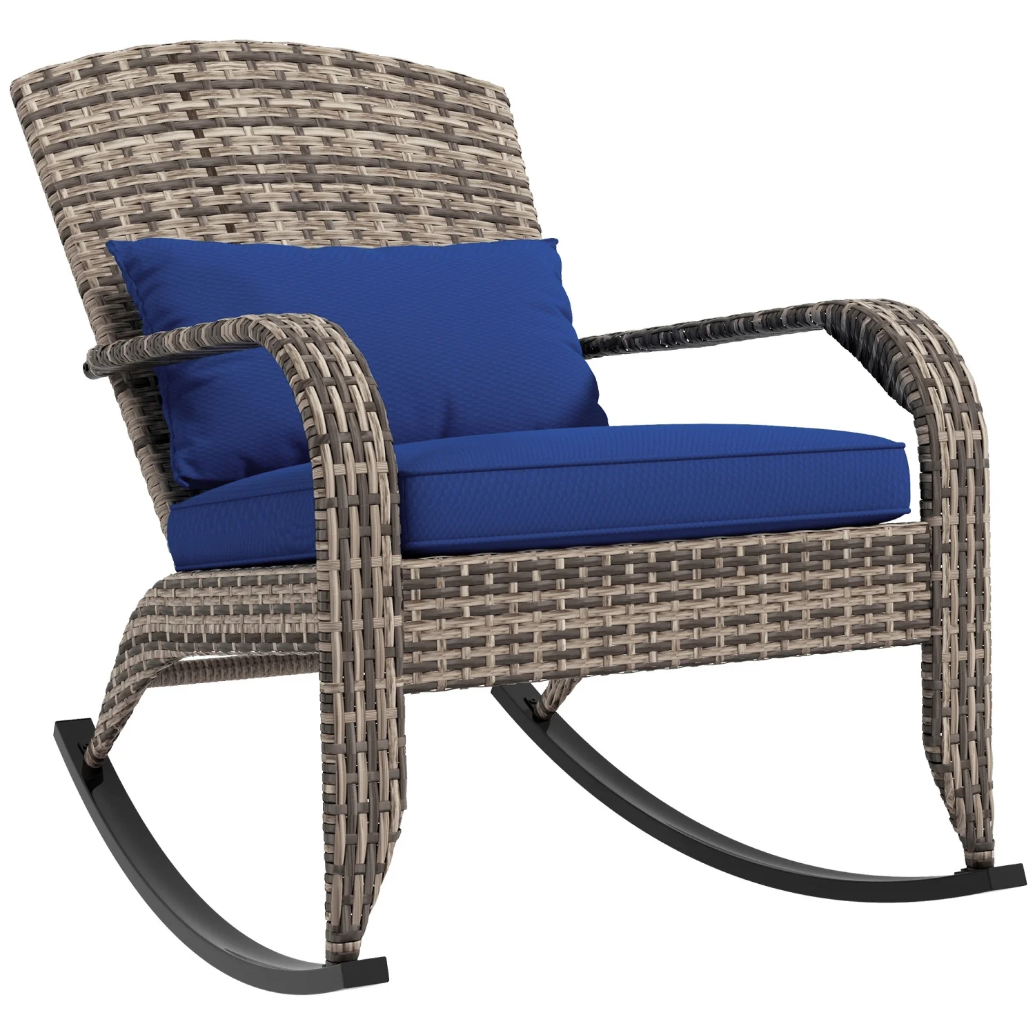 GRTYOKF Outdoor Wicker Adirondack Rocking Chair  Patio Rattan Rocker Chair with High Back  Seat Cushion  and Pillow for Garden  Porch  Balcony  Dark Blue