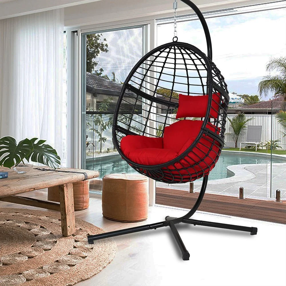 Abble Wicker Rattan Hanging Chair with Cushion and Stand - Black/Red