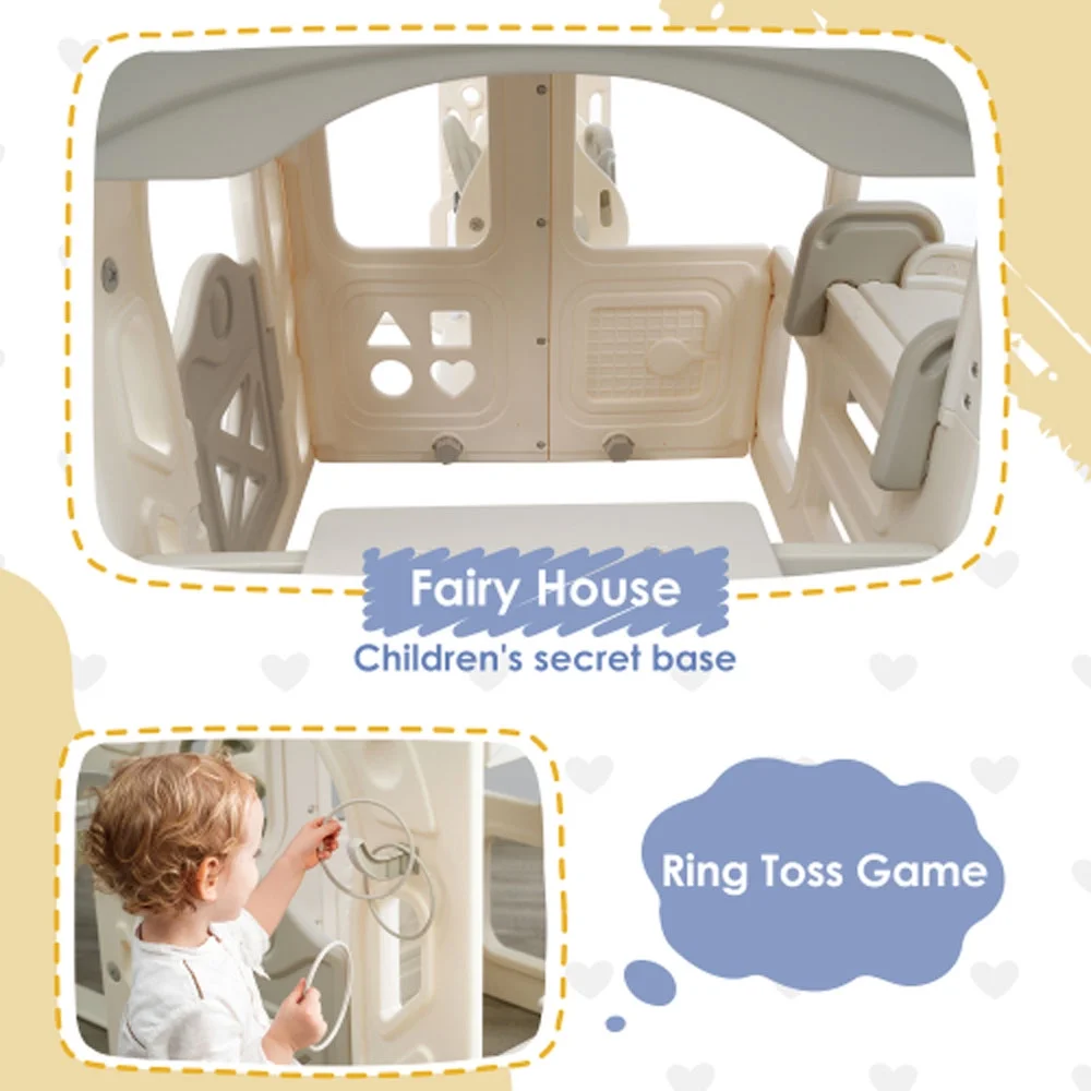 6 in 1 Slide and Swing Set, Climber Slide Playset with Fairy House, Freestanding Slide - Off-White+Grey